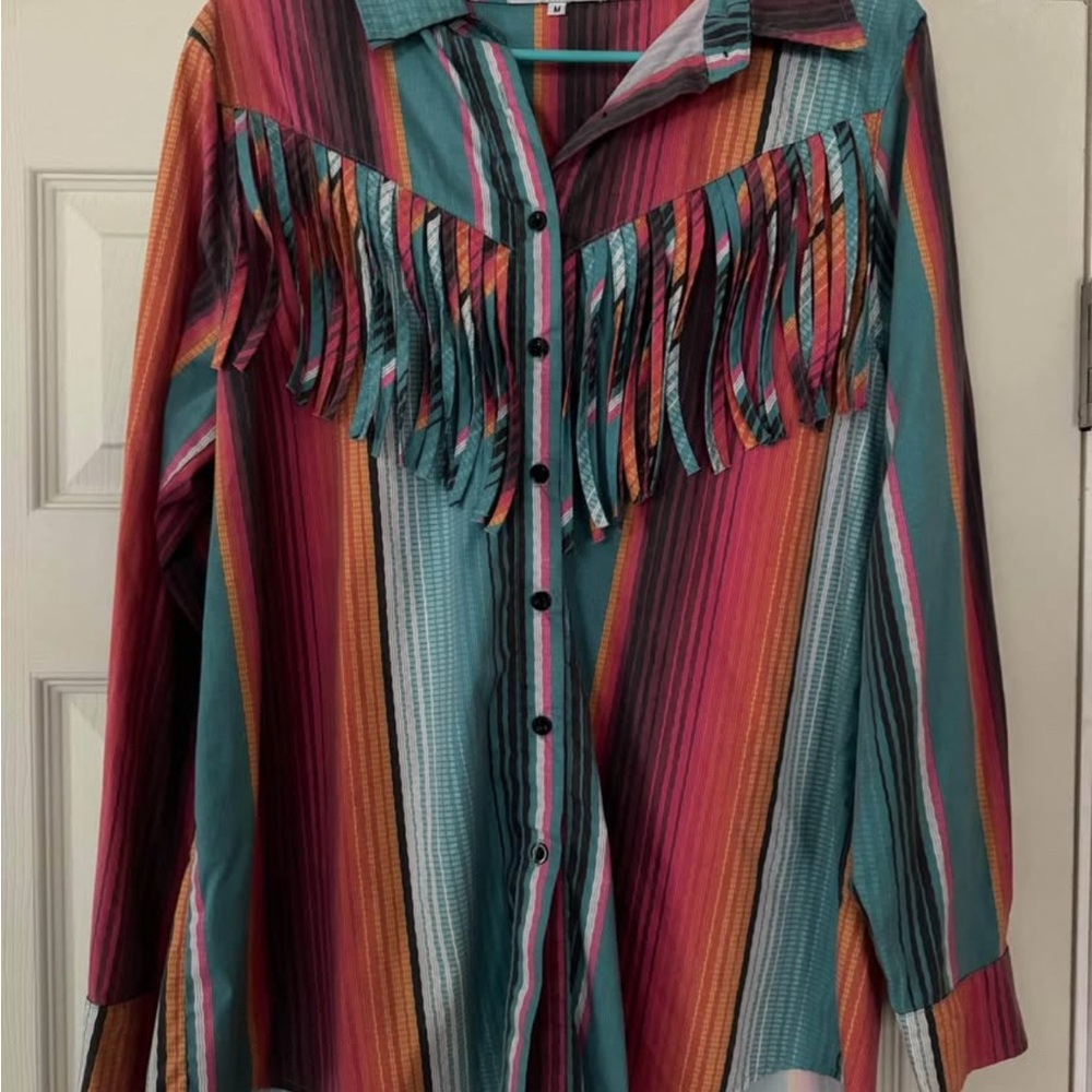 Colorful Striped Fringe Button-Up Shirt